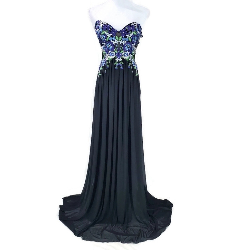 JVN by Jovani Black Floral Embroidered Gown Strapless Rhinestones Forest Fairy